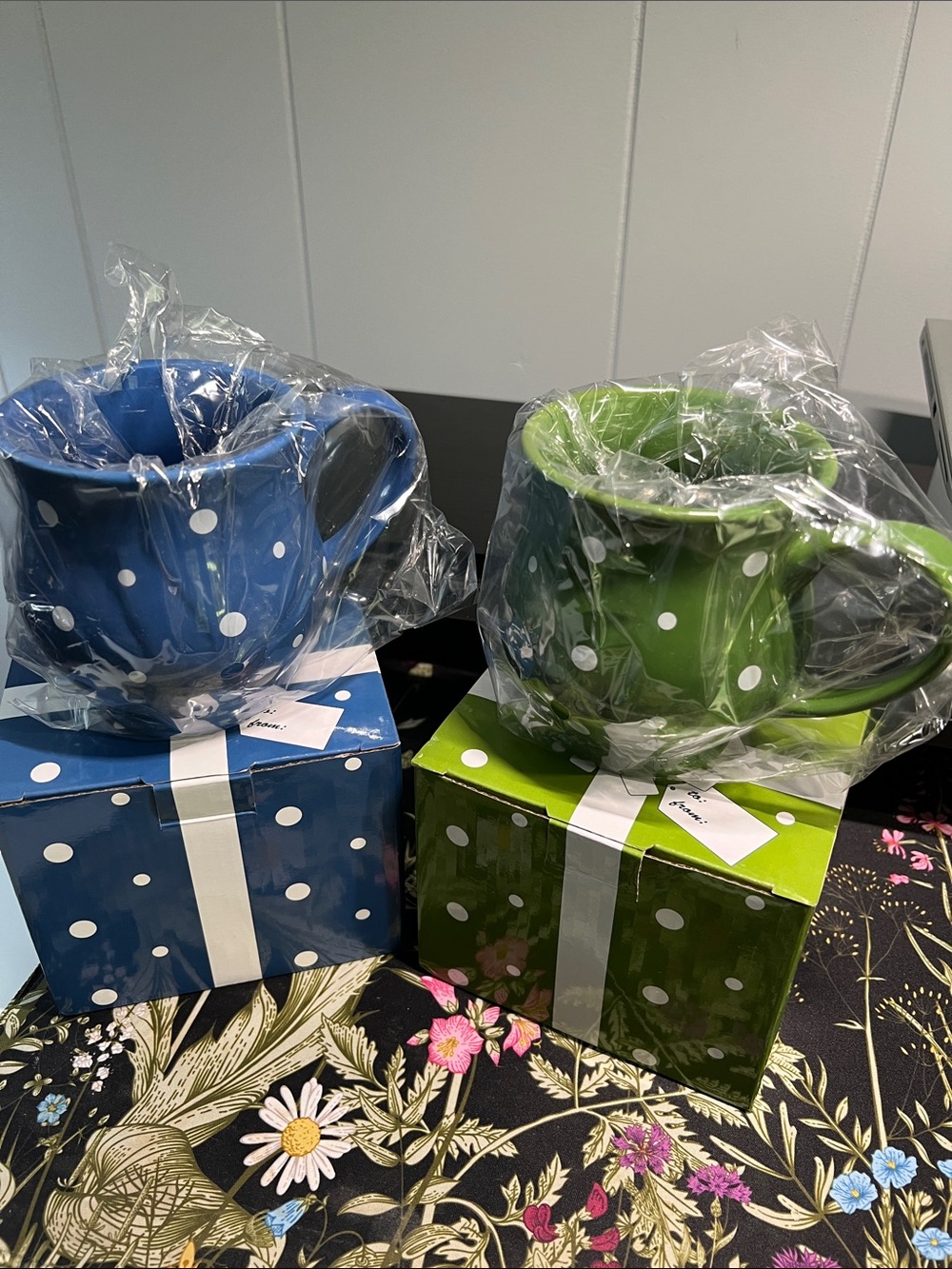 BNWOT Temptations Blue and Green Polka Dot Potbelly Mug Set